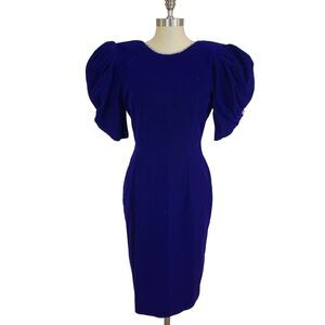 VTG 80s 90s Velvet Puff Sleeve Cocktail Dress Rhinestones Open Back Purple Retro